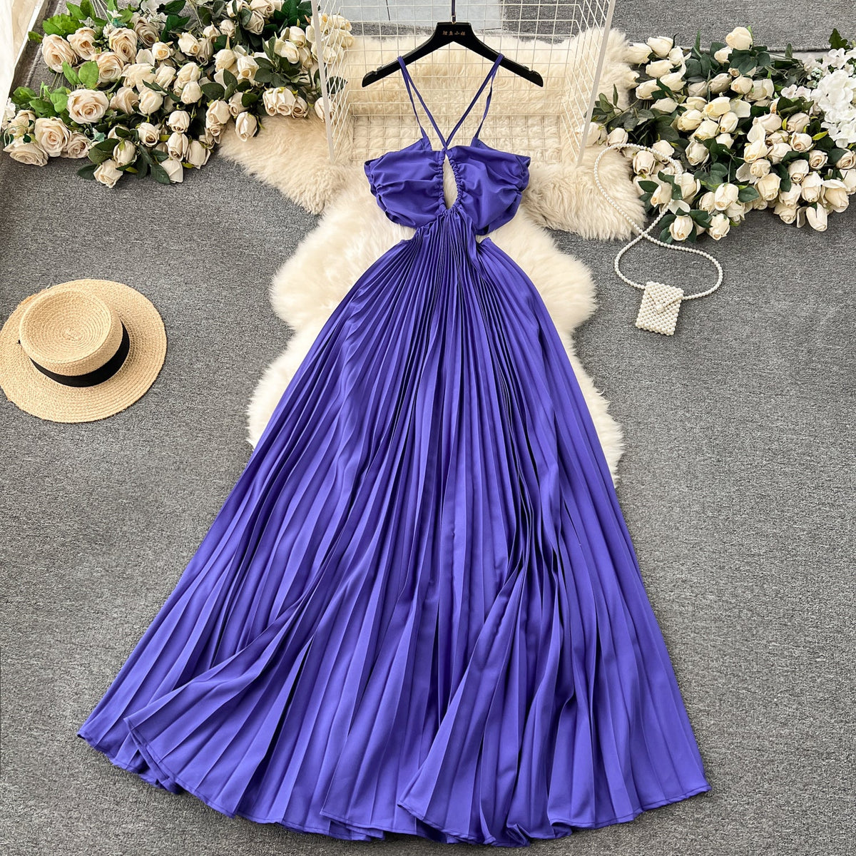 Niche Hollowed Pleated Halter Dress