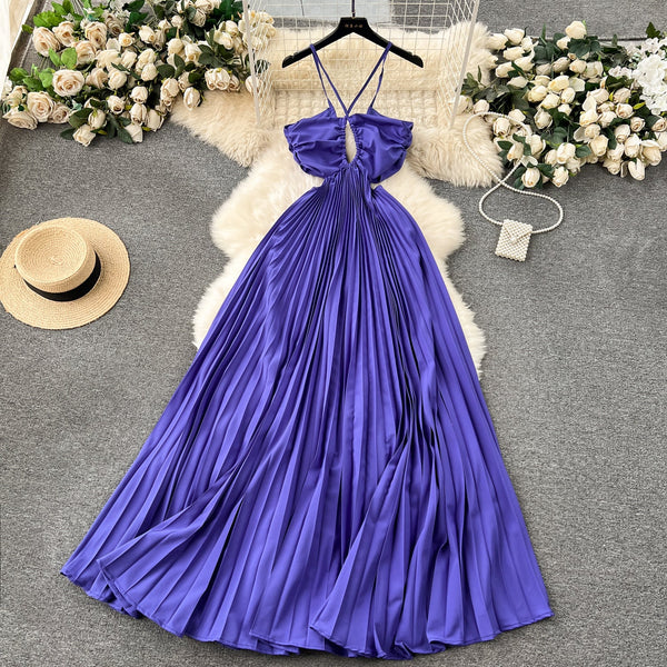 Niche Hollowed Pleated Halter Dress