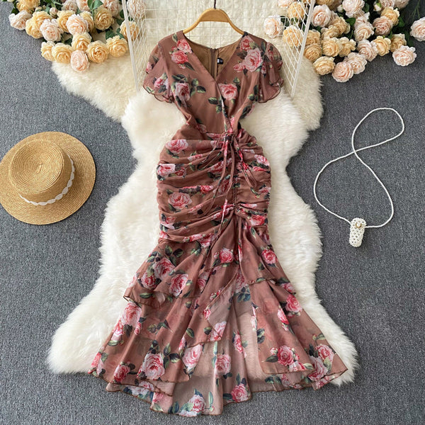 French Style Drawstring Floral V-neck Dress