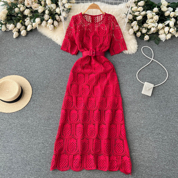 Crochet Lace Hollowed Long-sleeve Dress