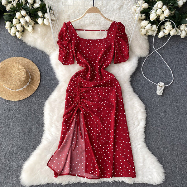 Square Neck Polka Dot Pleated Dress