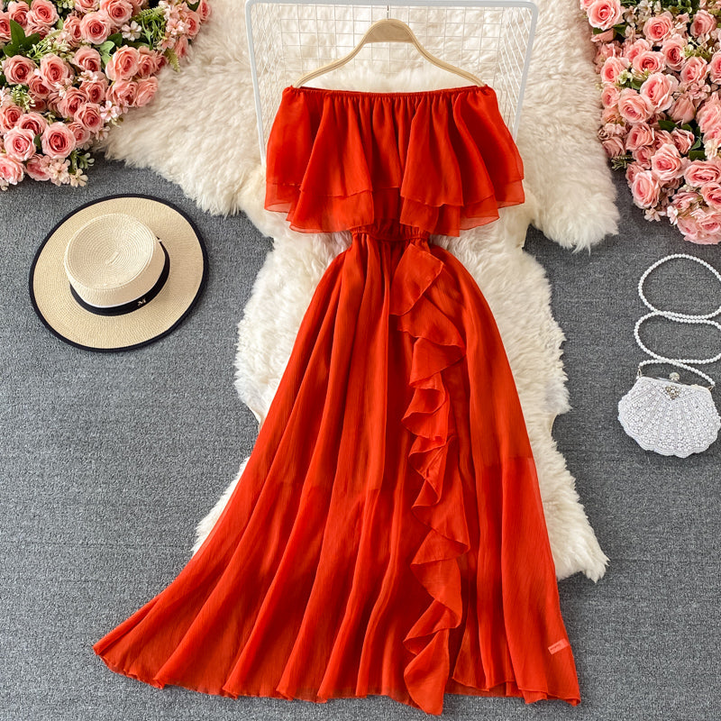 Off-shoulder Ruffled Chiffon Dress