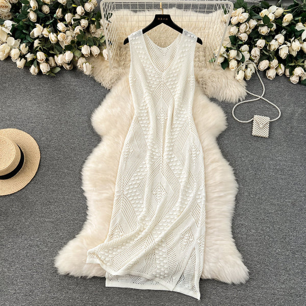 V-neck Hollowed Knitted White Dress