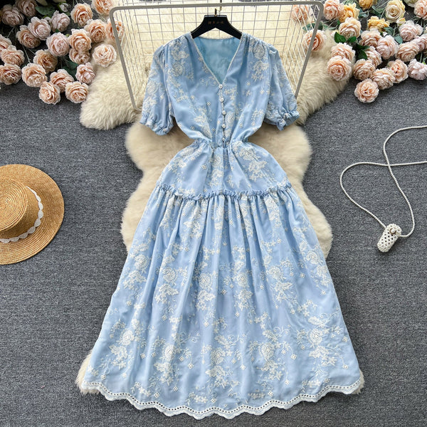 V-neck Floral Embroidered Blue Dress