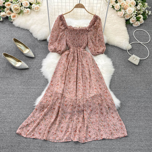 Square Collar Floral Chiffon Dress
