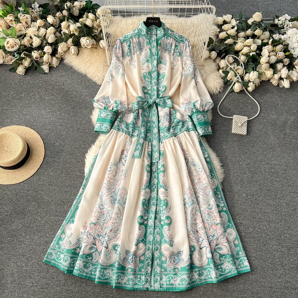Courtly Puffy Sleeve Lace-up Floral Dress