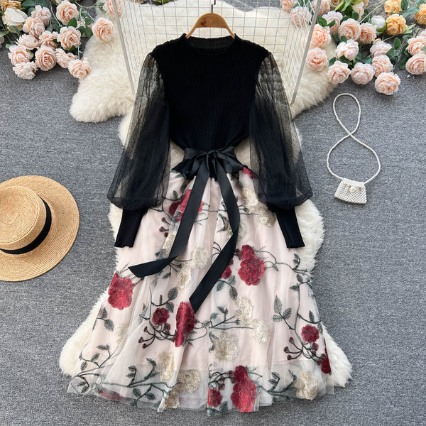 Floral Mesh Patchwork Black Dress