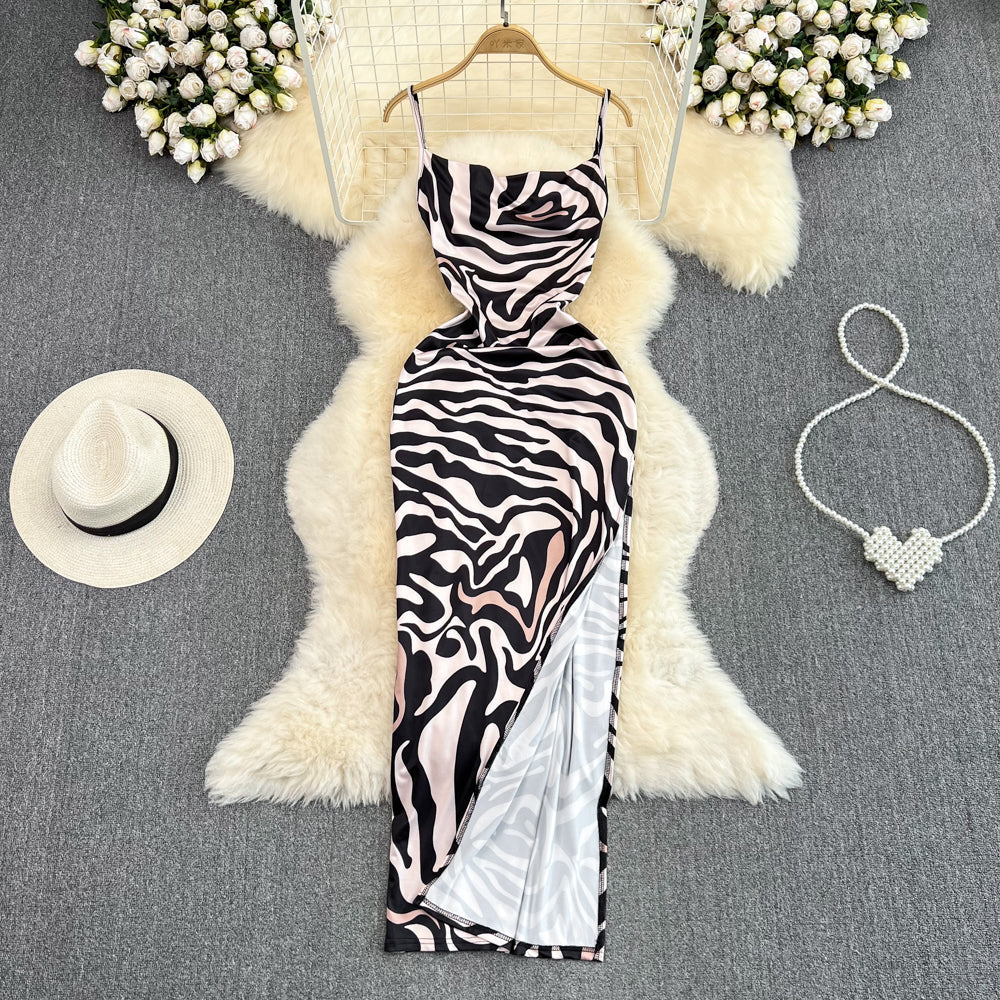 Zebra Printed Split Slip Dress