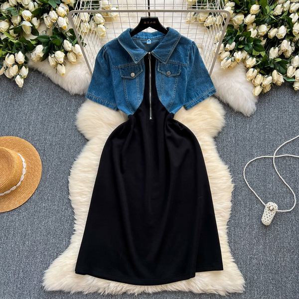 Faux Two-pieces Denim Patchwork Dress