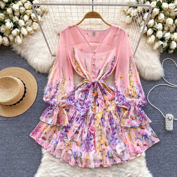 Puffy Sleeve V-neck Floral Chiffon Dress