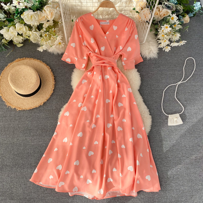 Heart Pattern Printed V-neck Maxi Dress
