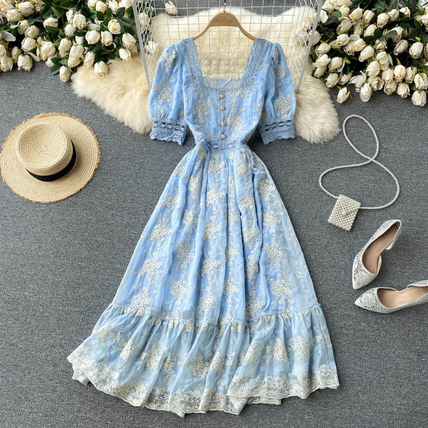 Courtly Embroidered Ruffle Lace Dress