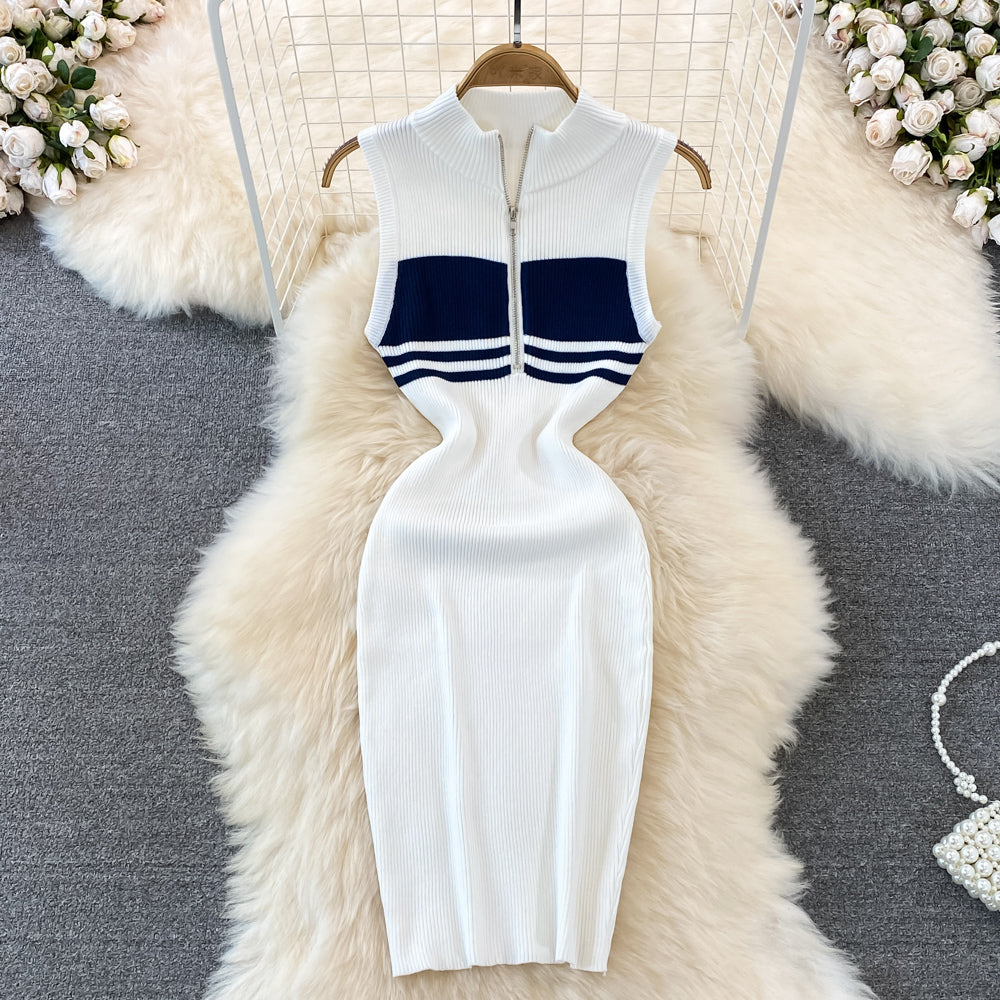 Polo Collar Striped Zipped Knitted Dress