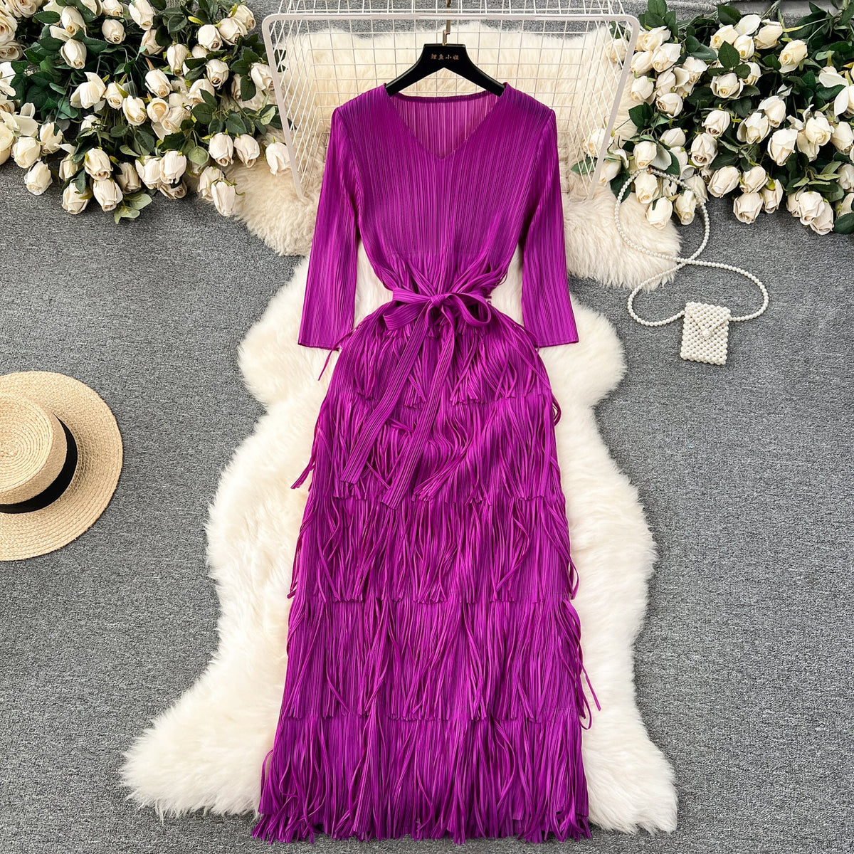 Delicate V-neck Fringed Pleat Dress