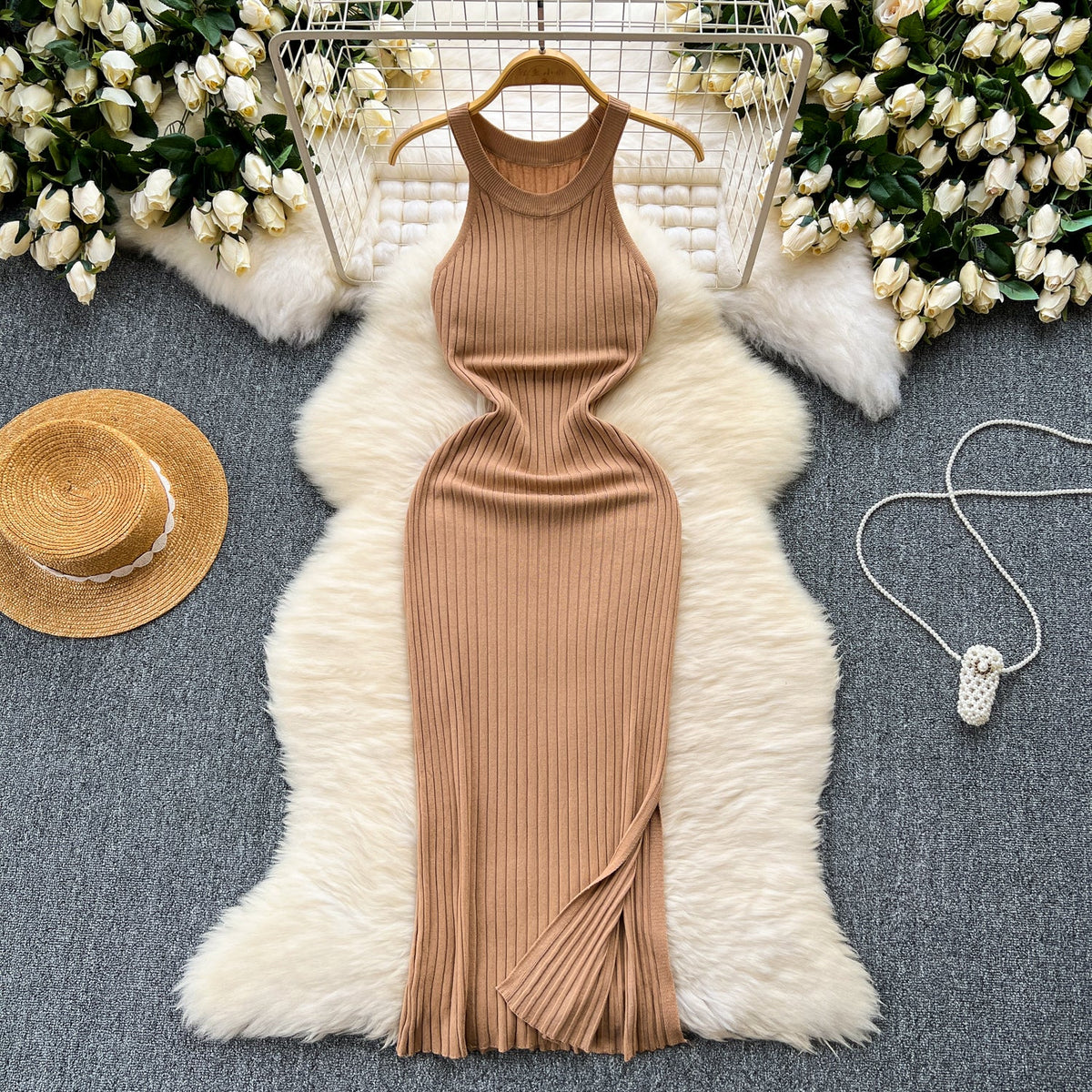 Elastic Solid Color Knitted Halter Dress