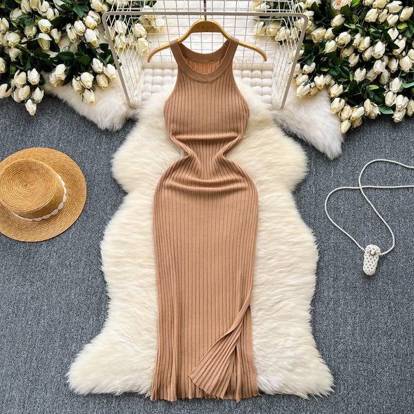 Elastic Solid Color Knitted Halter Dress