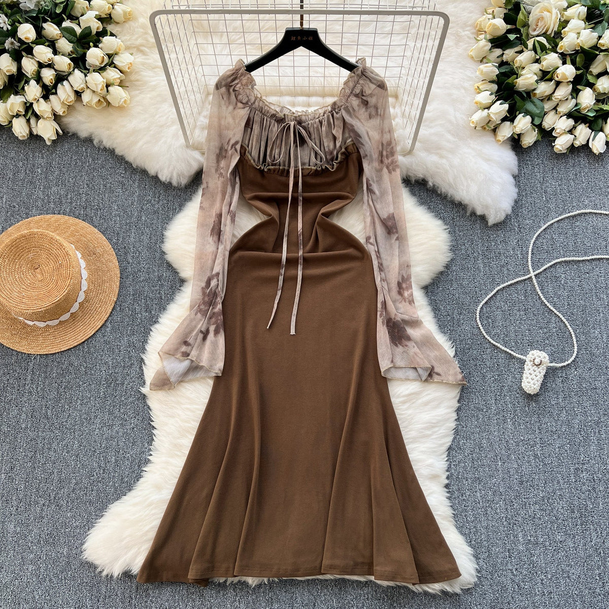 Mesh Patchwork Fishtail Brown Dress