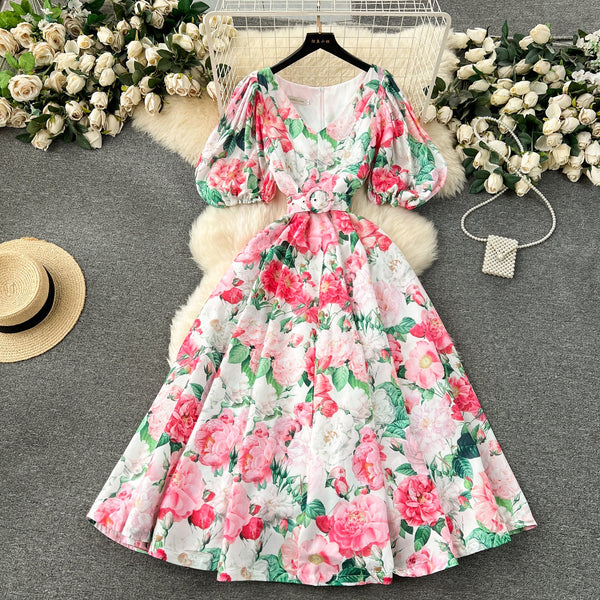 Courtly Puffy Sleeve Floral Dress