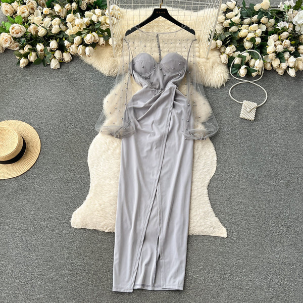 Beaded Mesh Puffy Sleeve Dress