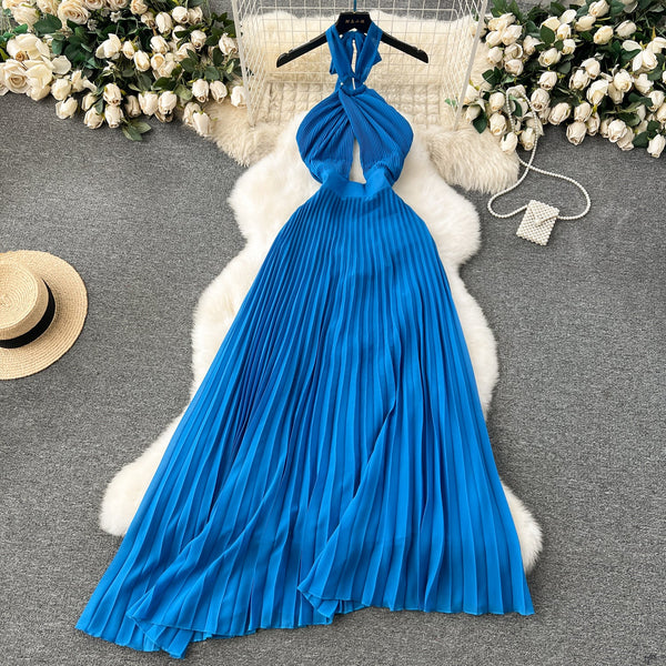Asymmetric Pleated Blue Halter Dress