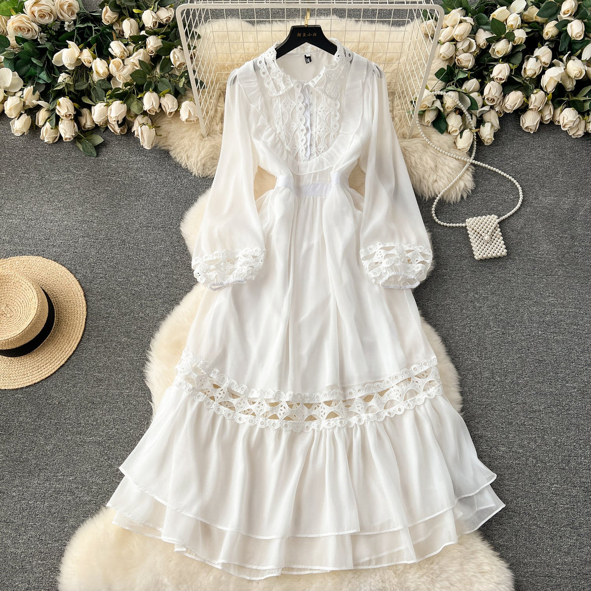 French Style Hollowed Patchwork Shirt Dress