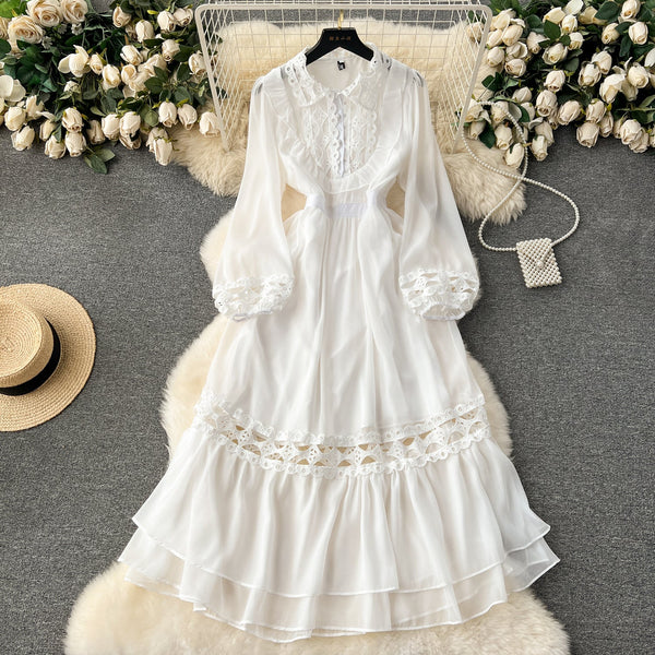 French Style Hollowed Patchwork Shirt Dress