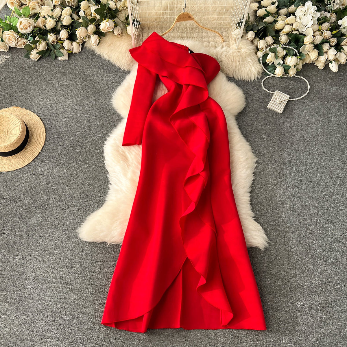 Double Ruffles Solid Color Party Dress