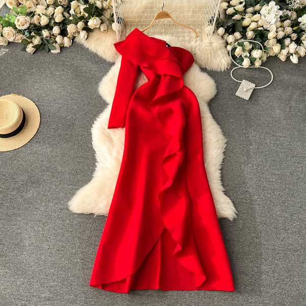 Double Ruffles Solid Color Party Dress