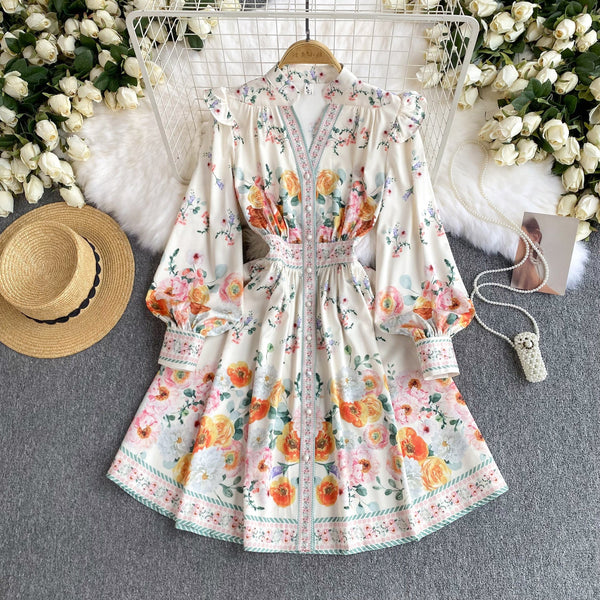 Courtly Floral Printed Ruffled Shirt Dress