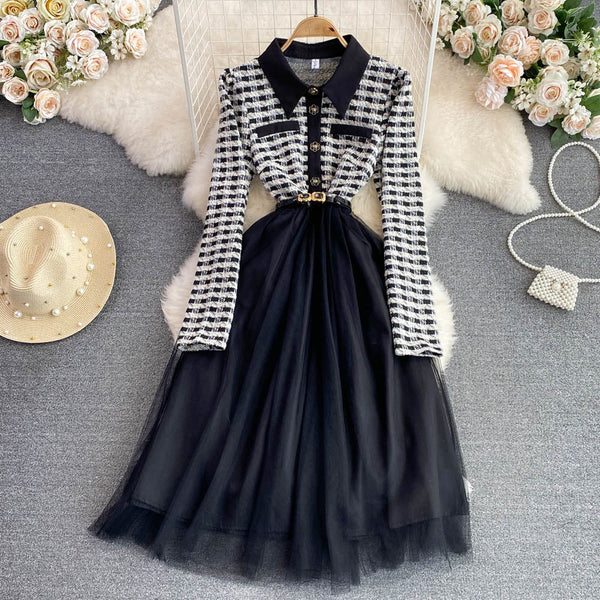 Plaid Knitted A-line Mesh Dress