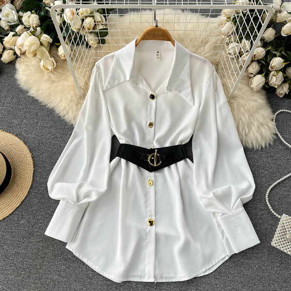 Solid Color Lace-up Shirt Dress with Waistbelt