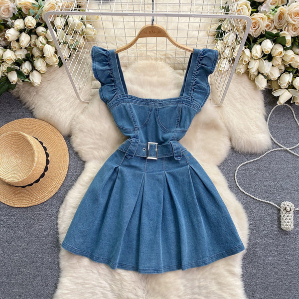 Vintage Ruffle Sleeve Denim Dress