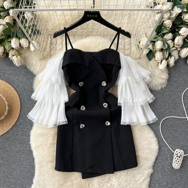 Layered Sleeves Patchwork Black Dress