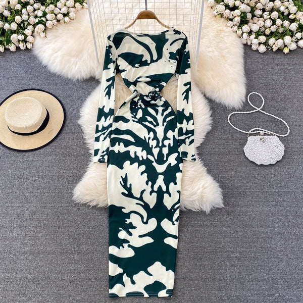 Backless Stretchy Long-sleeve Printed Dress