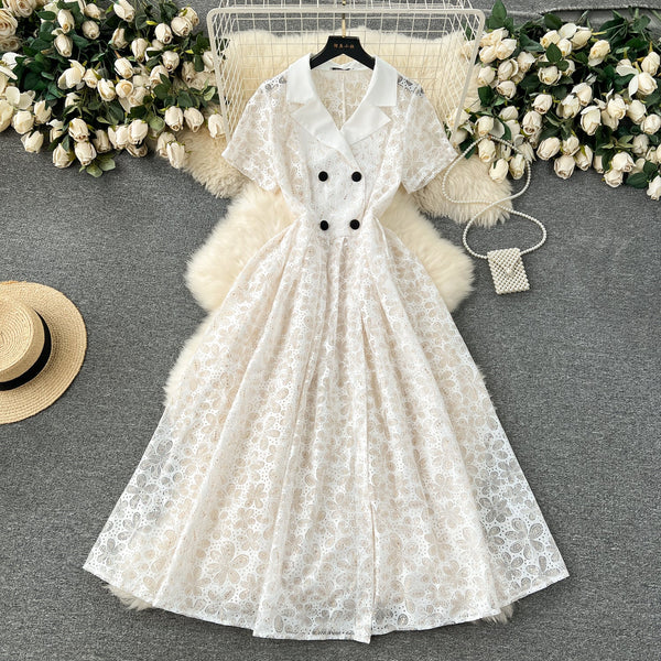 Suit Collar Double-breasted Lace Dress