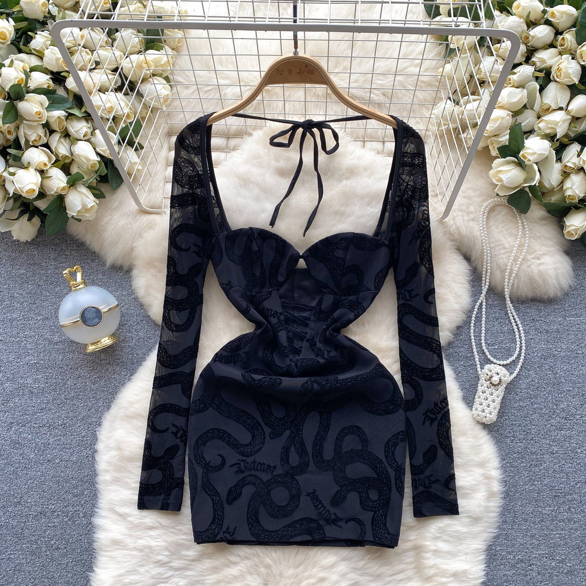 Hollowed Mesh Lace-up Black Dress