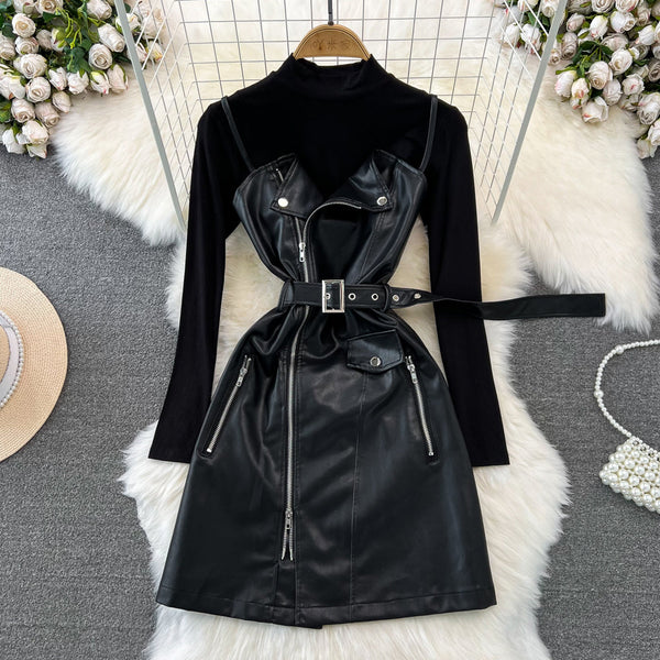 PU Slip Dress&Black Sweater 2Pcs