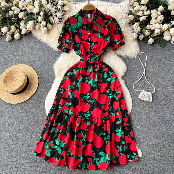 Vintage Lapeled Big Floral Shirt Dress