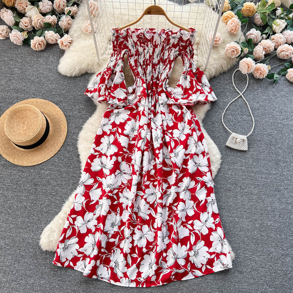 Off-shoulder Flared Sleeve Floral Dress
