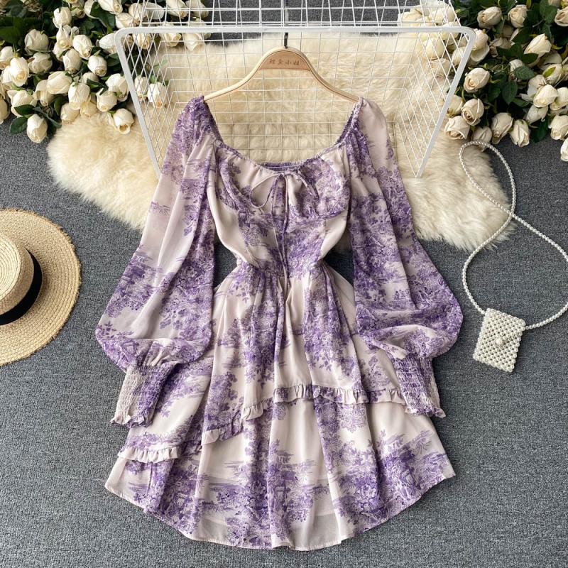 High-end Square Collar Lace-up Floral Dress