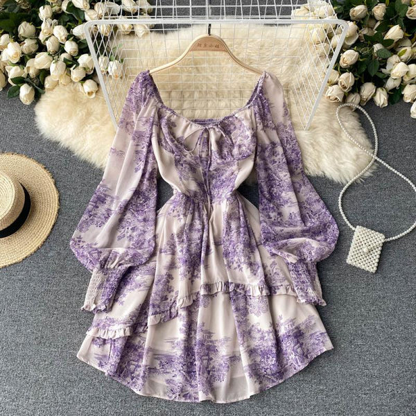 High-end Square Collar Lace-up Floral Dress