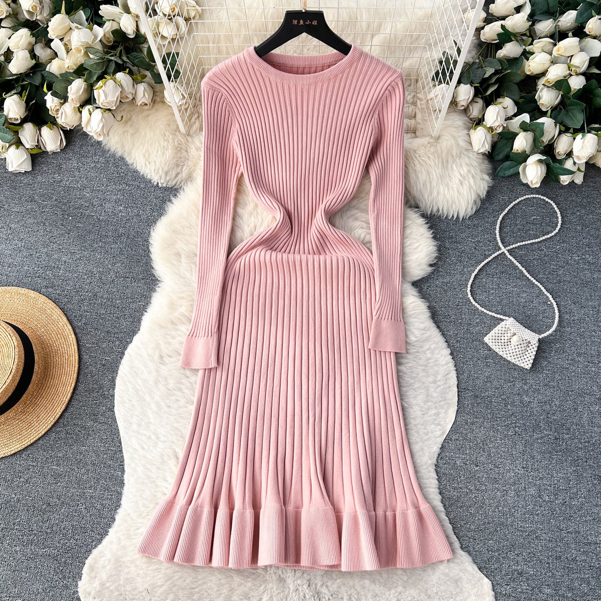 Ruffled Hem Knitted Bottoming Dress
