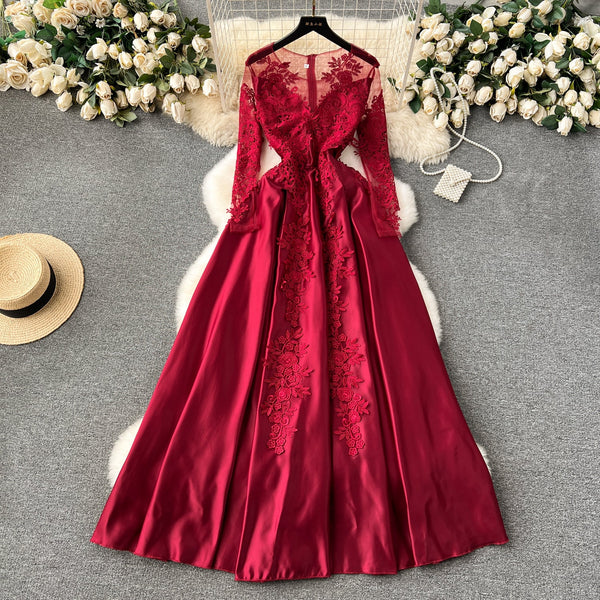 Wine Red Delicate Embroidered Dress