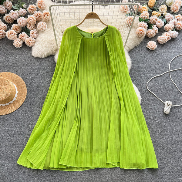 Solid Color Pleated Cape Dress