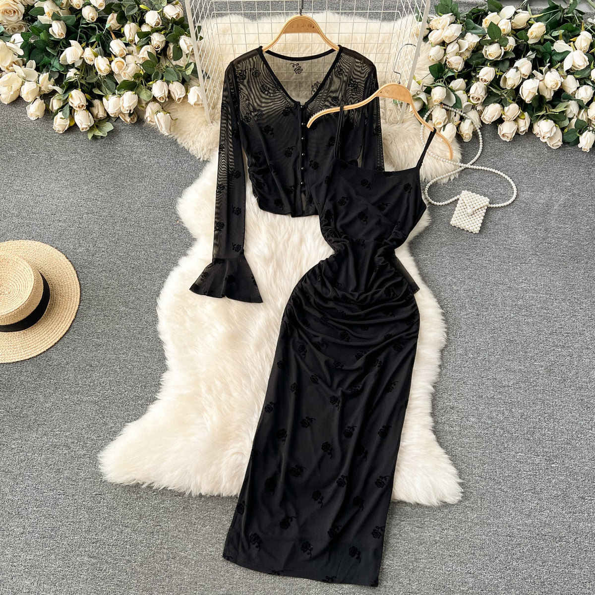 Printed Cardigan & Slip Dress Black 2Pcs