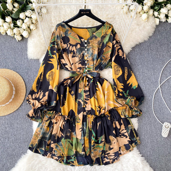 Elegant Lace-up Draped Printed Dress