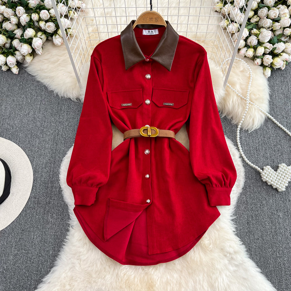 Lapeled Corduroy PU Patchwork Dress