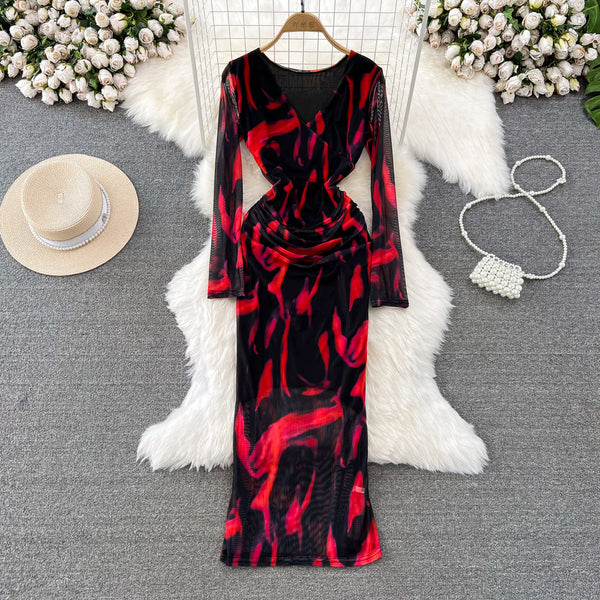 V-neck Floral Printed Mesh Dress