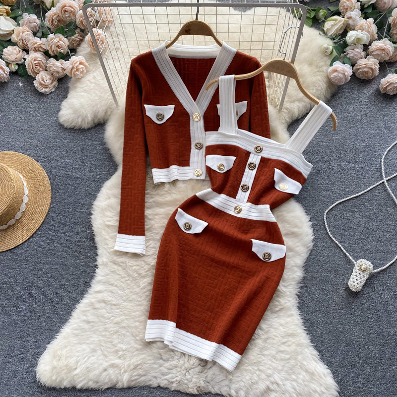 Knitted Cardigan&Slip Dress 2Pcs