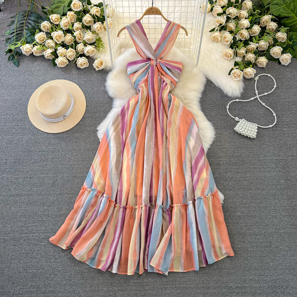 Rainbow Striped Tie-dye Halter Dress